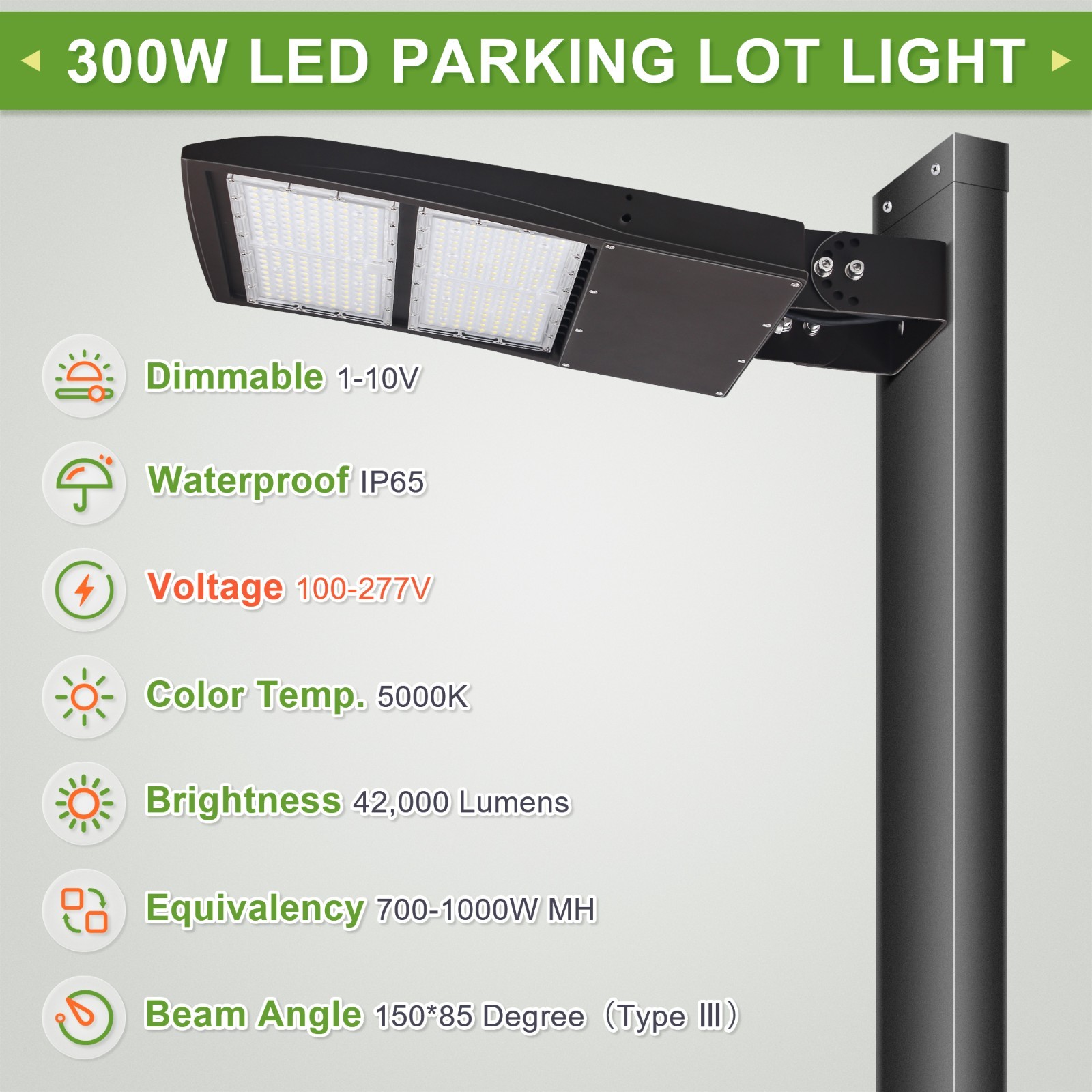 1000W MH Equiv 300W LED Shoebox Parking Lot Light with Yoke/Wall/Trunnion Mount