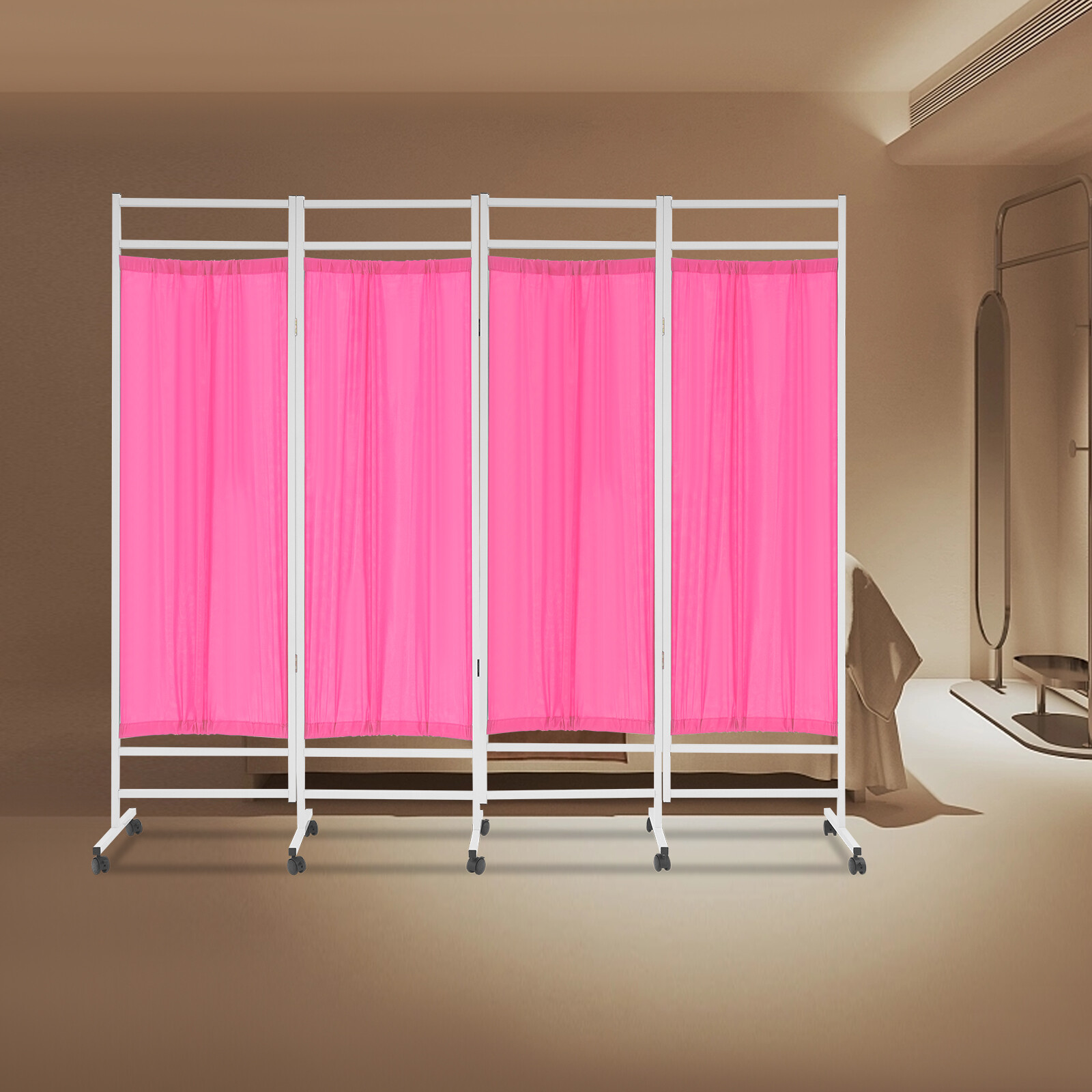 4 Panels Foldable Medical Room Divider Portable Medical Privacy Screen Pink