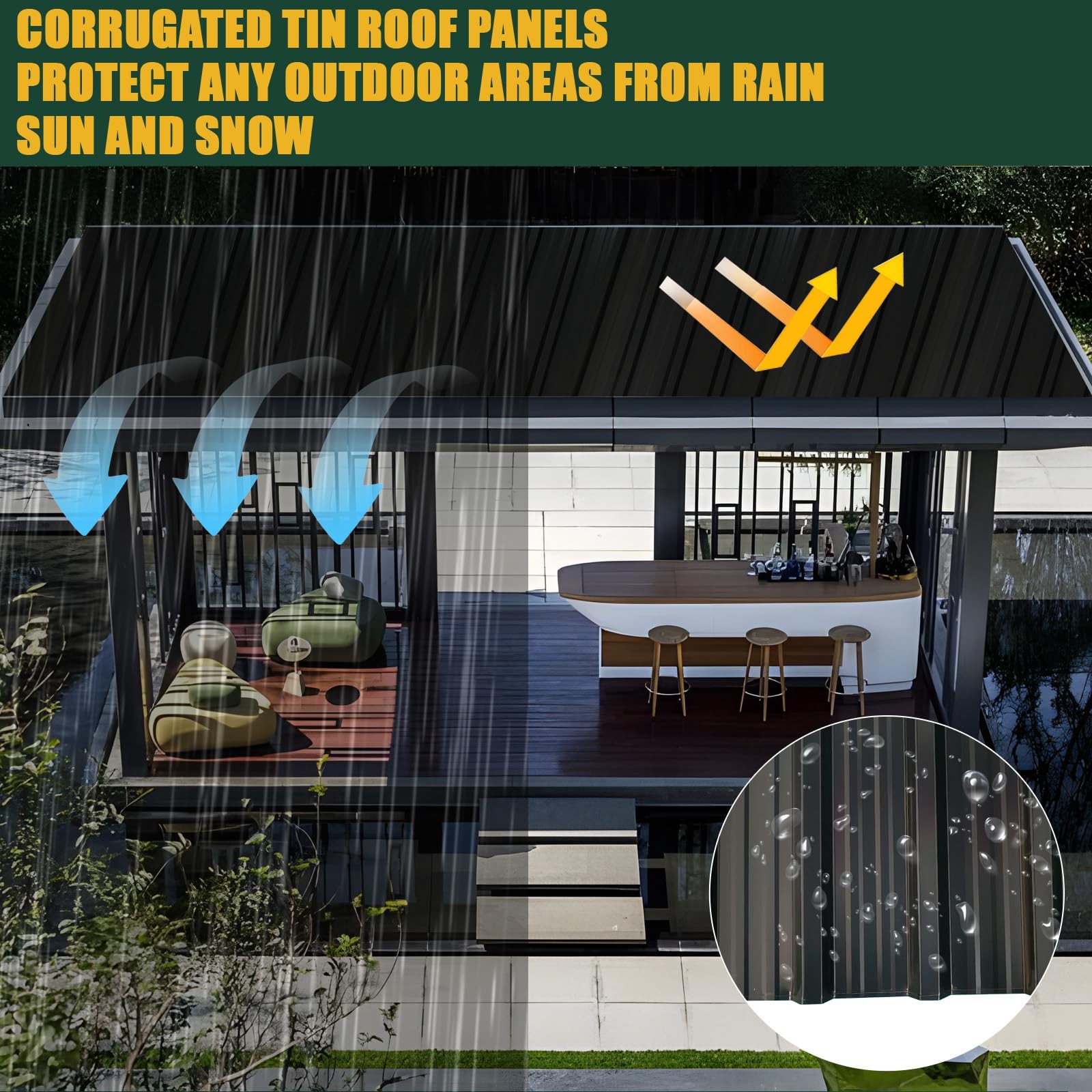 18 pcs Galvanized Steel Roof 18PCS-L42.52″×W17.72″, Black