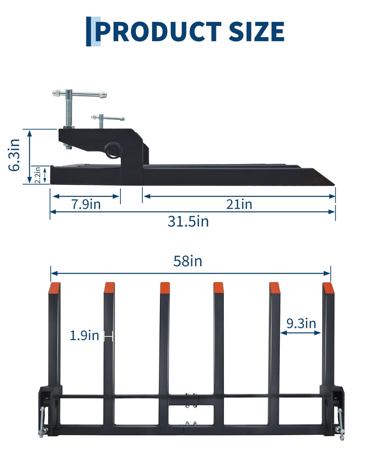 🔝58″ 4400LBS Heavy Duty Clamp On Debris Forks for Tractor Bucket with 6 Tines