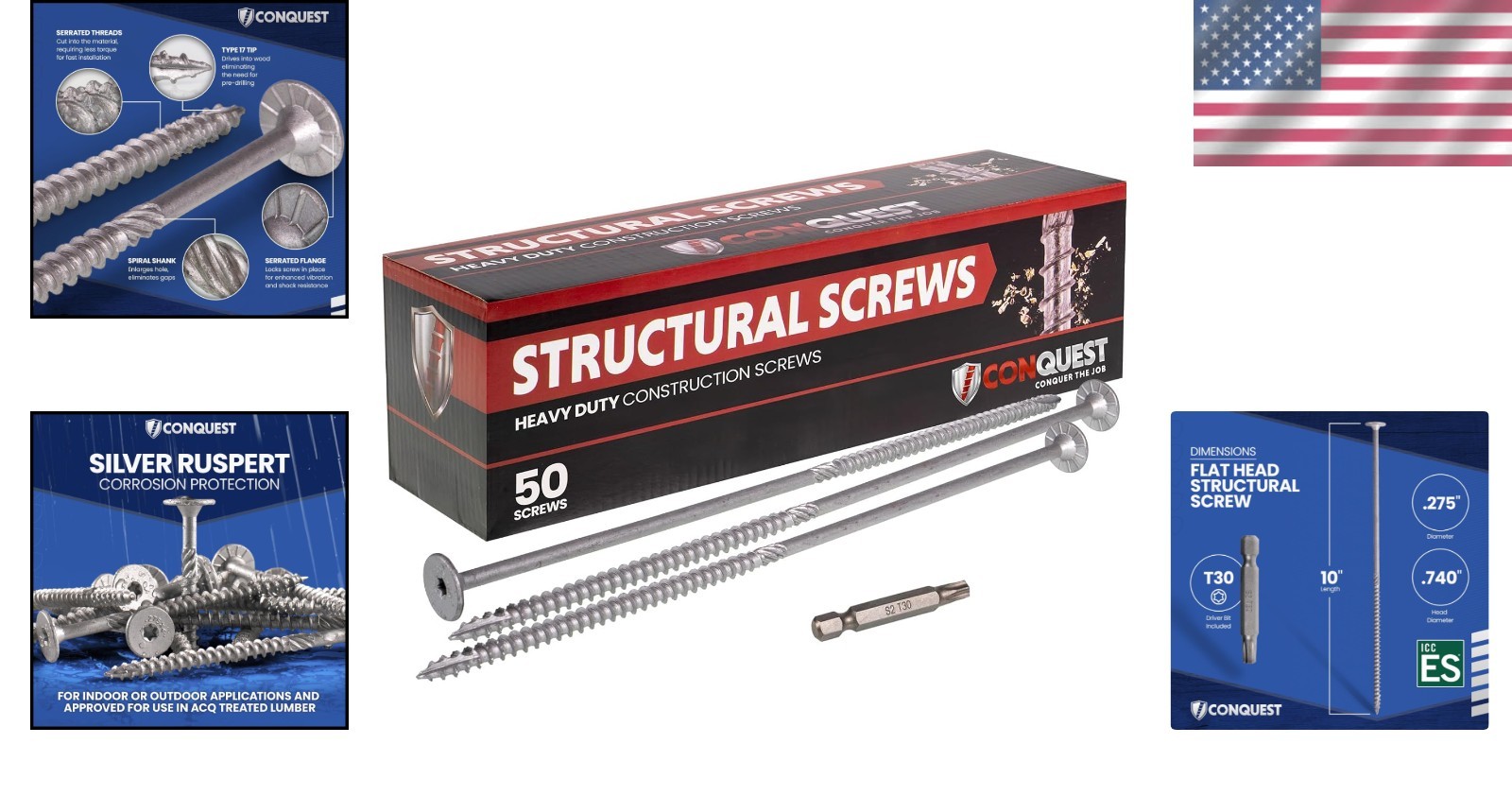 Conquest Structural Wood Screws – 50 Pack, 0.275″ x 10″ & Corrosion Resistant