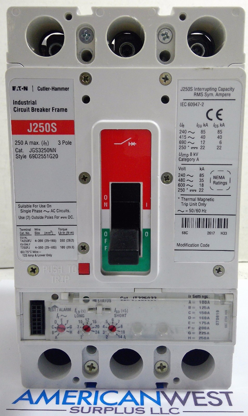 EATON CUTLER HAMMER JGS325033 J250S JGS3250NN Frame 250A Trip Unit LS JT325033