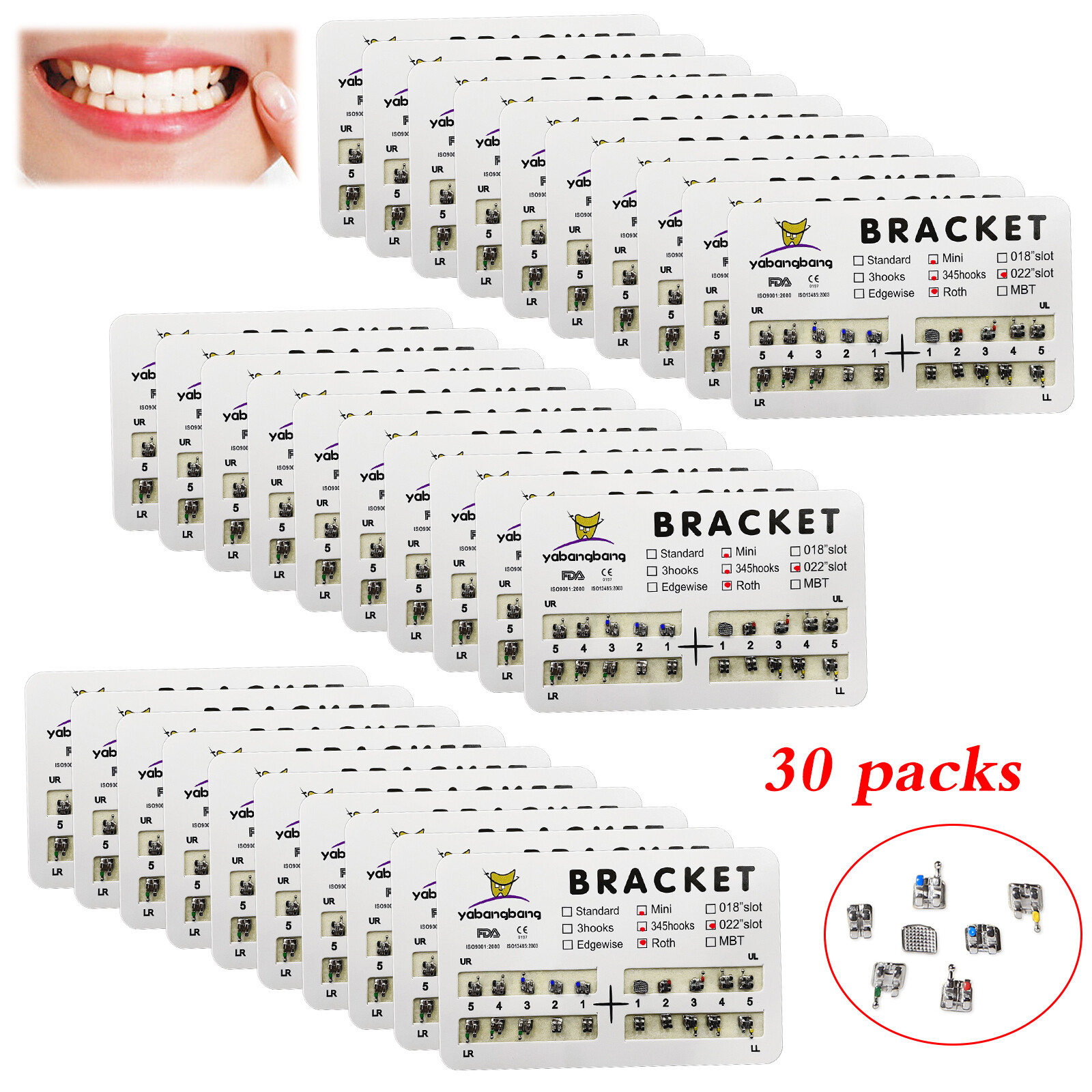 30 Dental Orthodontic Brackets Braces Mini Roth Slot.022 3-4-5 Hooks #2 MR3