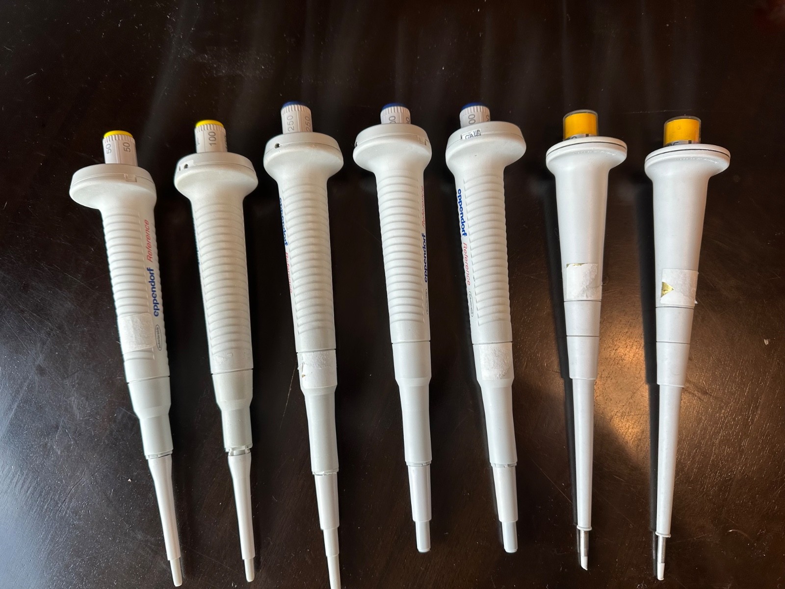 eppendorf pipettes: Fixed volume; 25,50,100,500uL (7total pipettes)