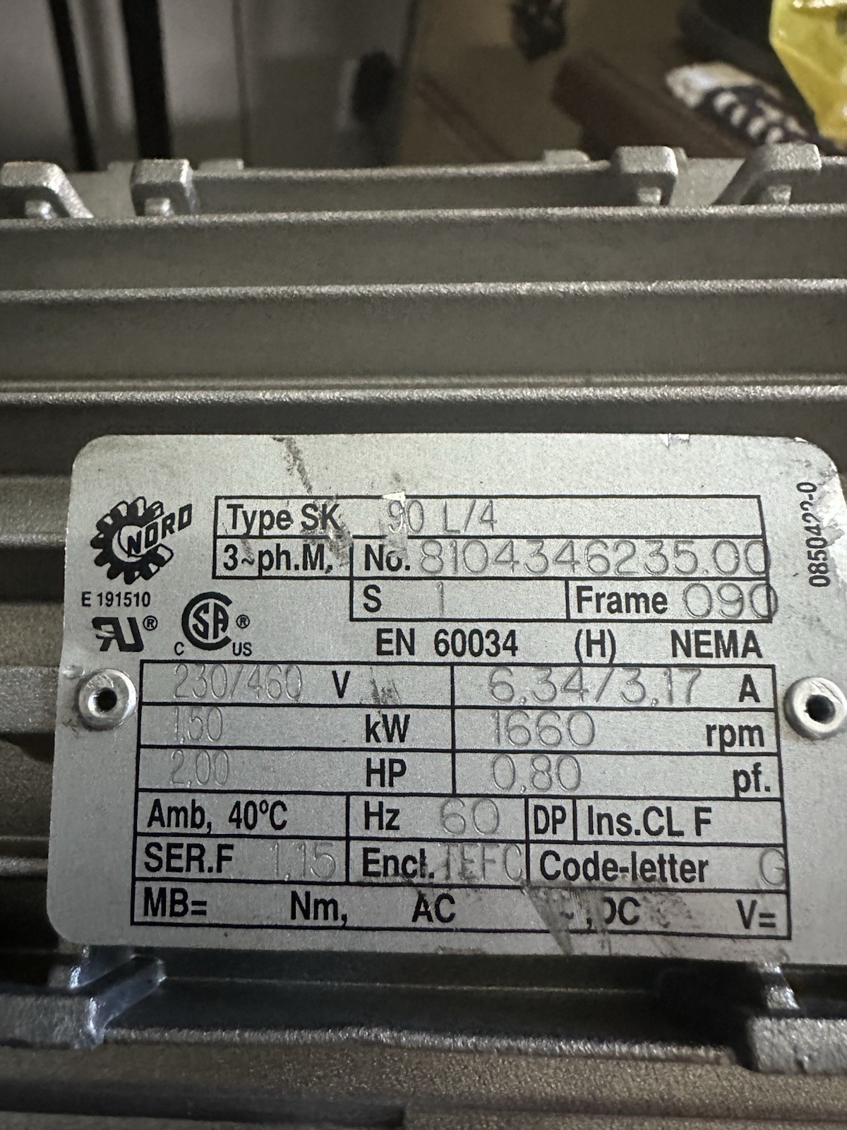 Nord SK90L/4-CUS Used Electric Motor 3ph 2hp 230/460V 60hz 1660rpm TEFC 60hz