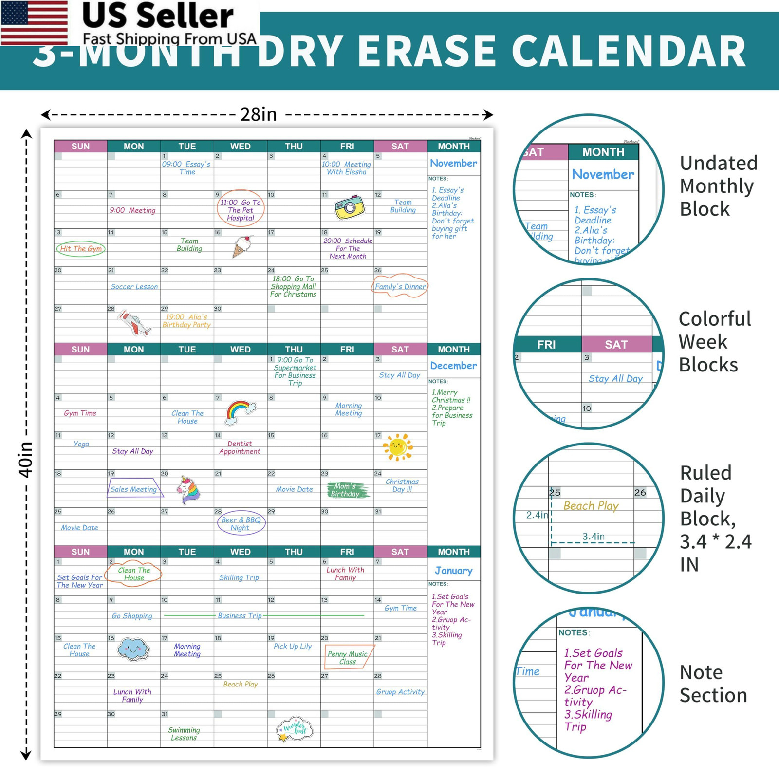 Large Dry Erase Calendar for Wall – Undated 3 Month 28″ x 40″, Green