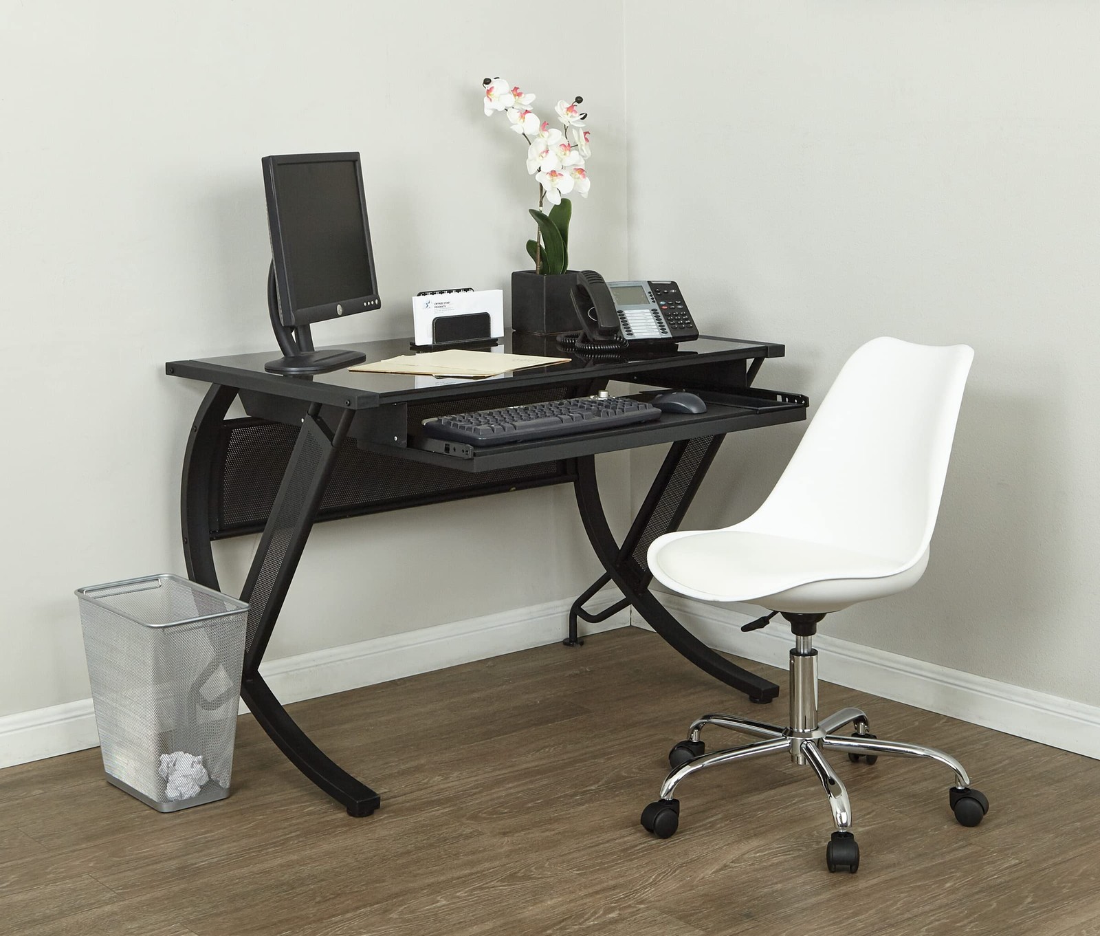 Pemberley Row Faux Leather White Office Chair Chrome Base 17.5″W x 22″D x 35….