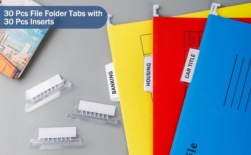 Hanging File Folder Tabs, 30 Set Transparent File Folder Tabs with Inserts for