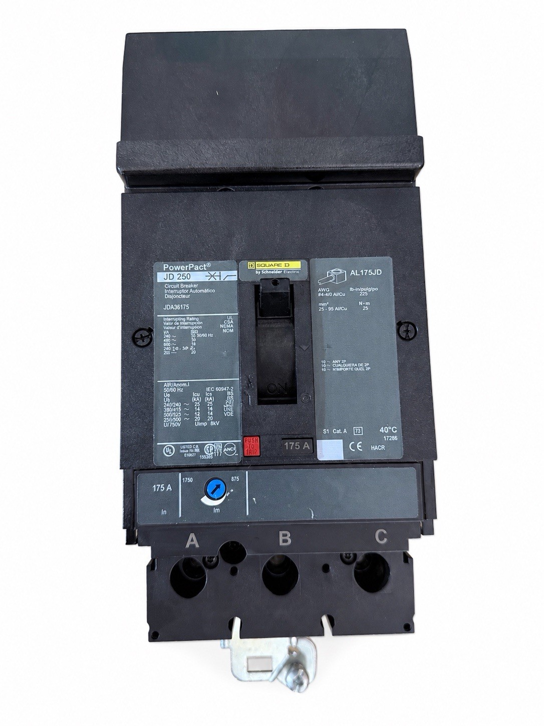 Square D JDA36175 PowerPact JD 250 Circuit Breaker 175A 3 Pole 600VAC Schneider
