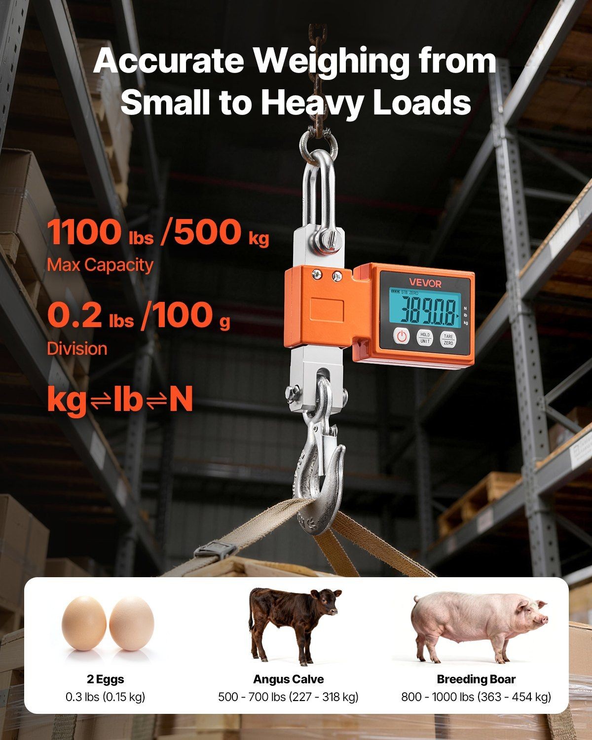 Digital Crane Scale 1100lb/500kg, Cast-Aluminum Body, 0.2lb Resolution