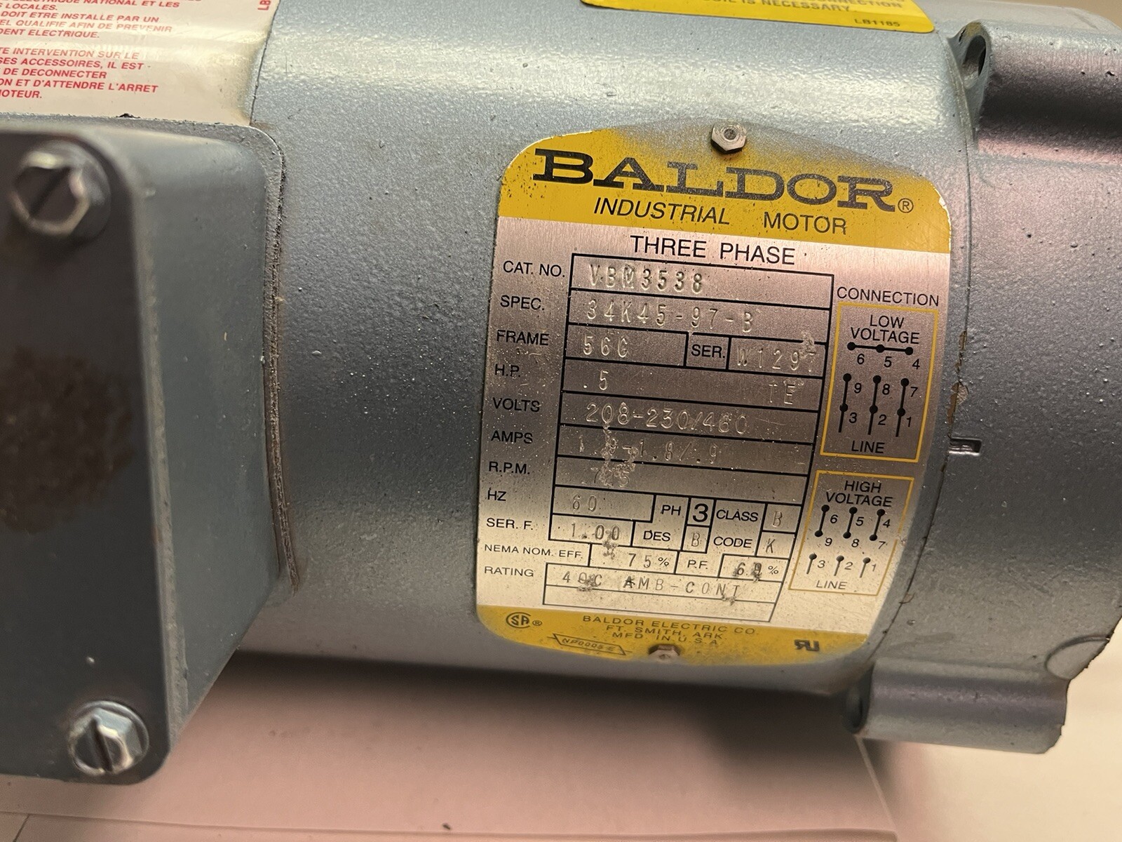 BALDOR,VBM3538,BRAKE MOTOR 1/2HP 3PH 1725RPM 56C