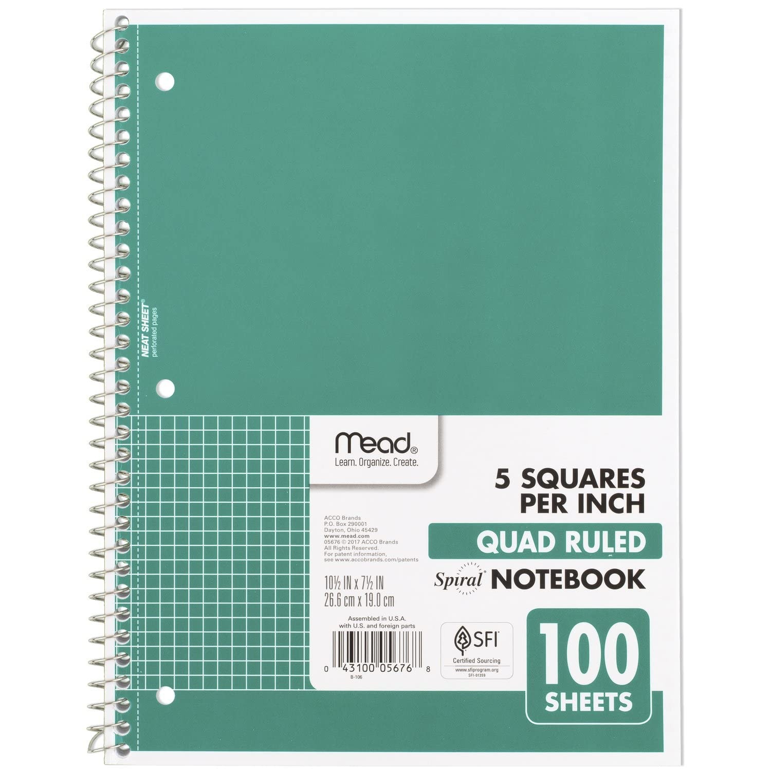 Mead Spiral Notebook, 1 Subject, Graph Ruled Paper, 7-1/2″ x 1 Each, Green