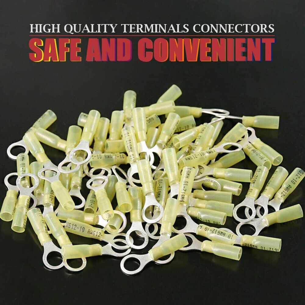 500/50Pcs 12-10AWG Waterproof Wire Crimp Connector Heat Shrink Ring Terminal M10