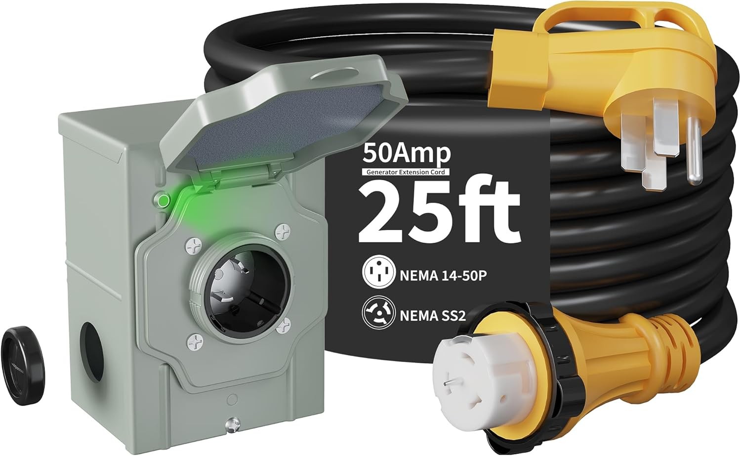 50 Amp 25FT Generator Power Cord and Power Inlet Box 14-50P Male to SS2-50R STW
