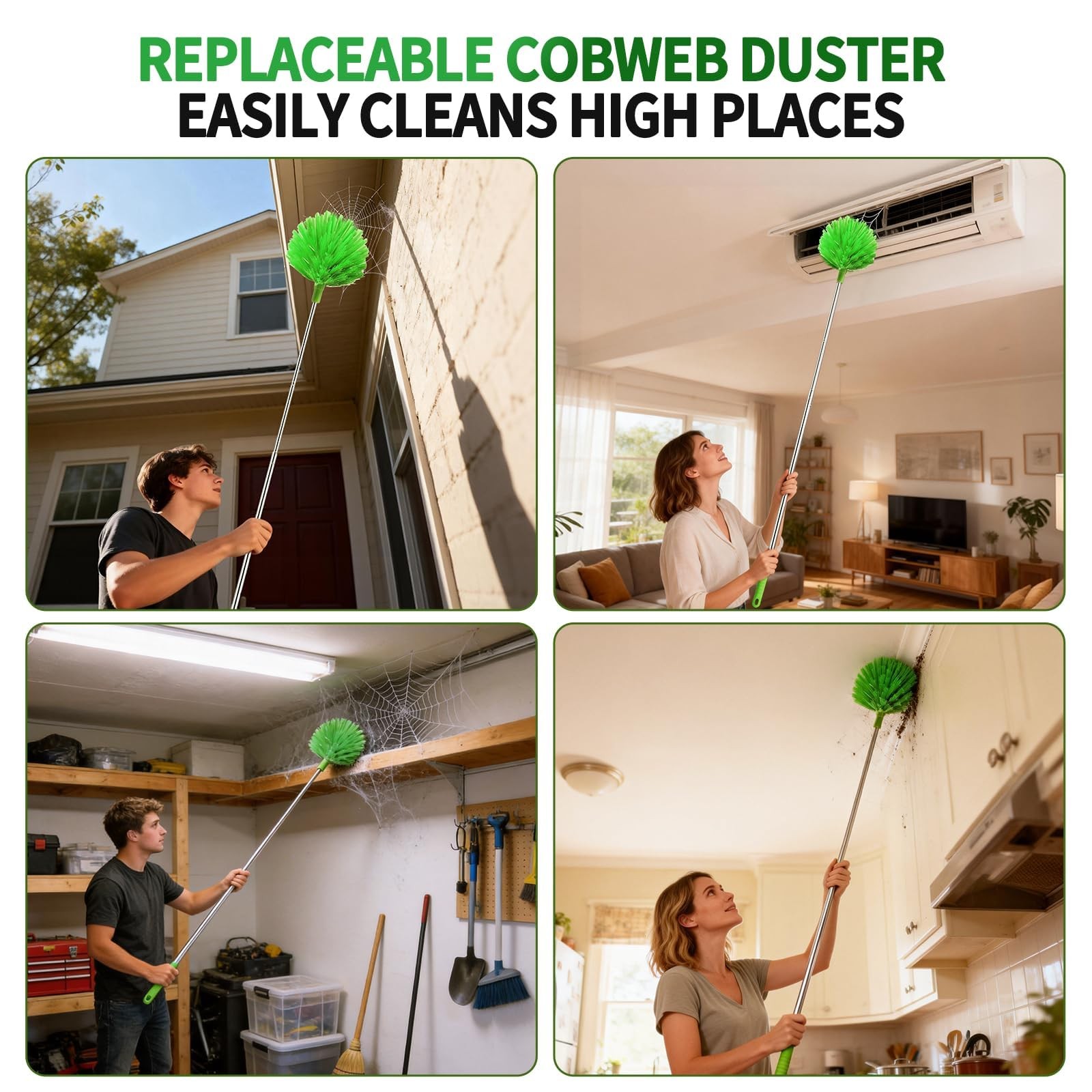 Cobweb Duster with Extension Pole, Washable Cleaning 110 inches, Green
