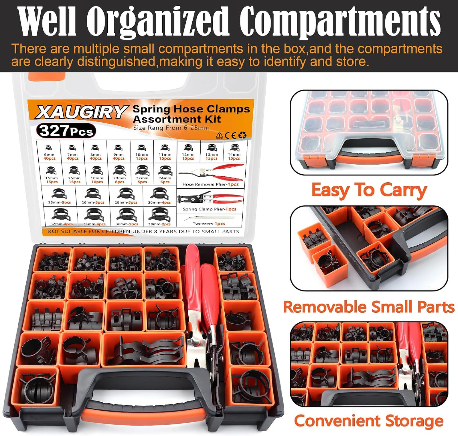 327Pcs 6-38mm Spring Hose Clamps Assortment Kit with Spring Clamp Plier,Hose