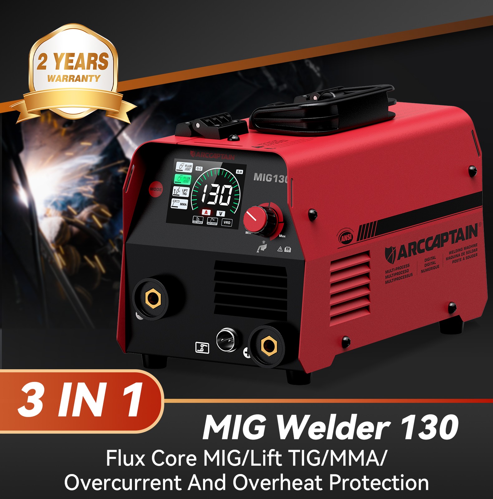 ARCCAPTAIN MIG130 Digital Screen MIG Welder 130A Flux Core Mig/Lift TIG MMA US