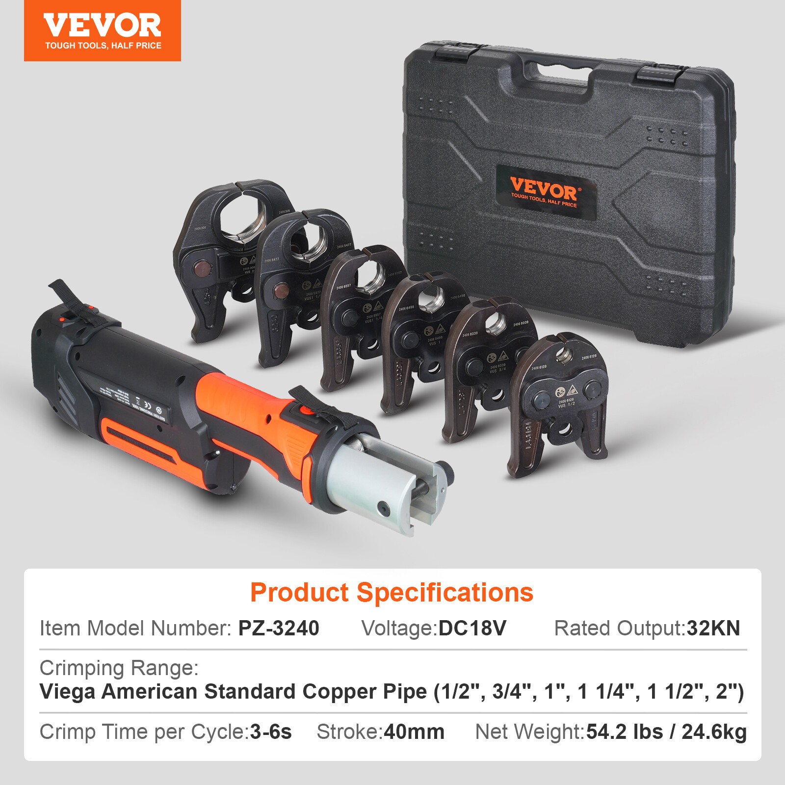 VEVOR 1/2″-2″ Pro Press Tool Pipe Crimping Kit with 6 Jaws DC18V PZ-3240