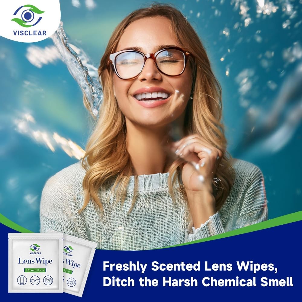 VisClear Lens Wipes for Eyeglasses, 1 Count (Pack of 100), White pulp paper
