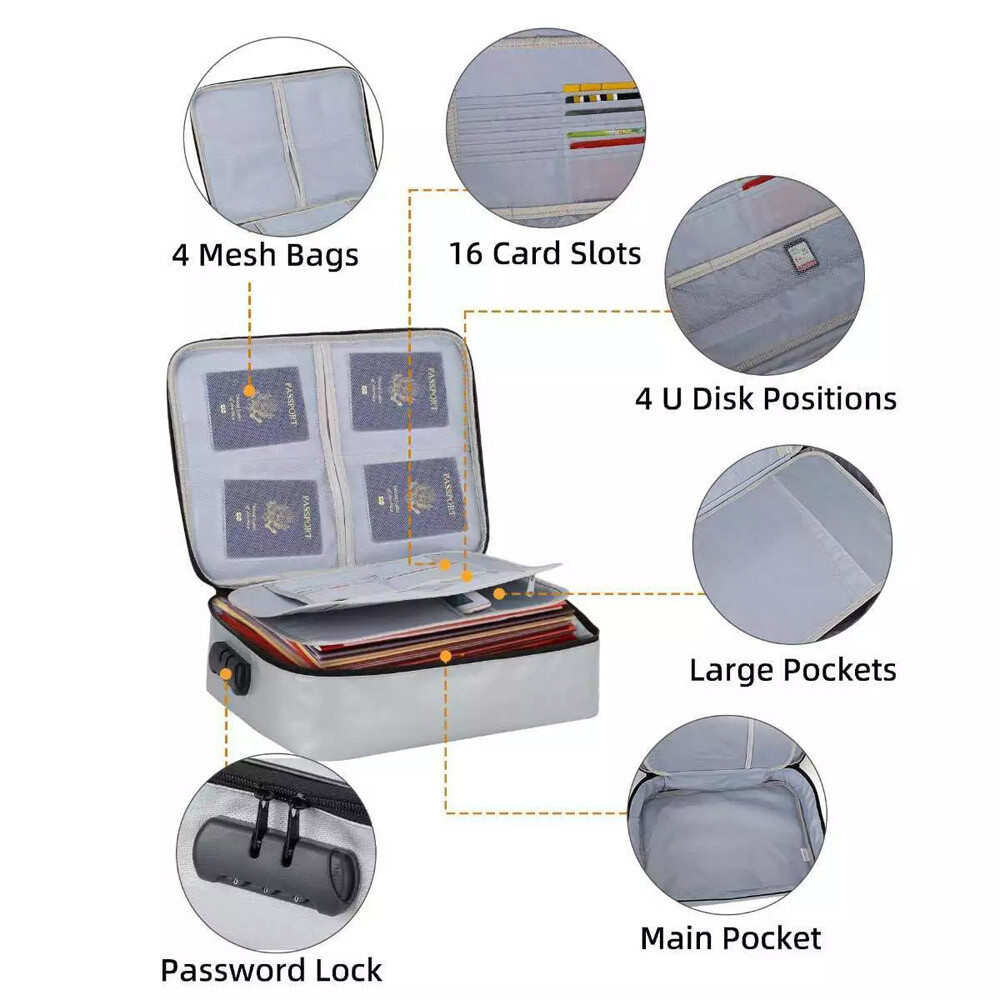 Fireproof Document Box With Lock File Storage Organizer Box Waterproof Safe Bag