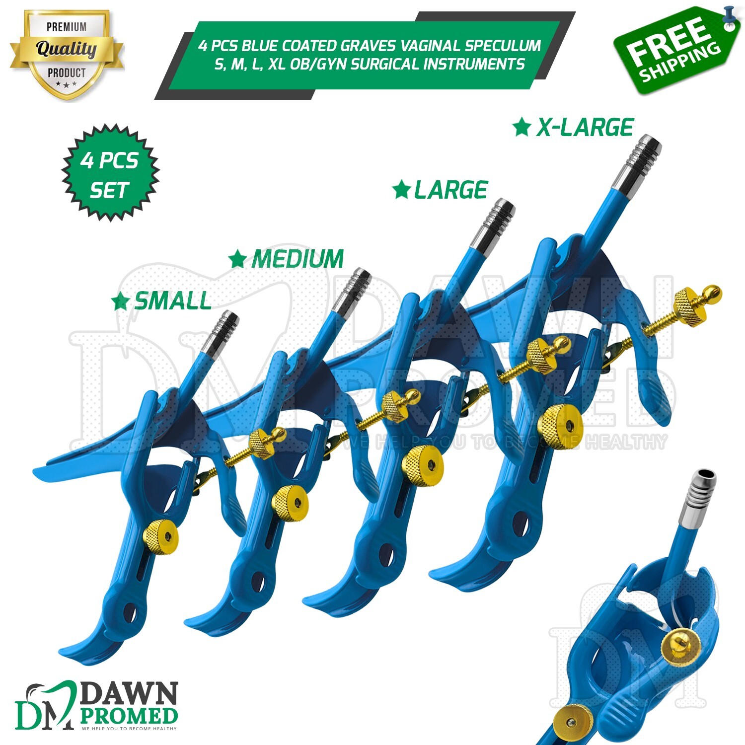 4 Pcs Blue Coated Graves Vaginal Speculum S, M, L, XL OB/GYN Inst German Grade