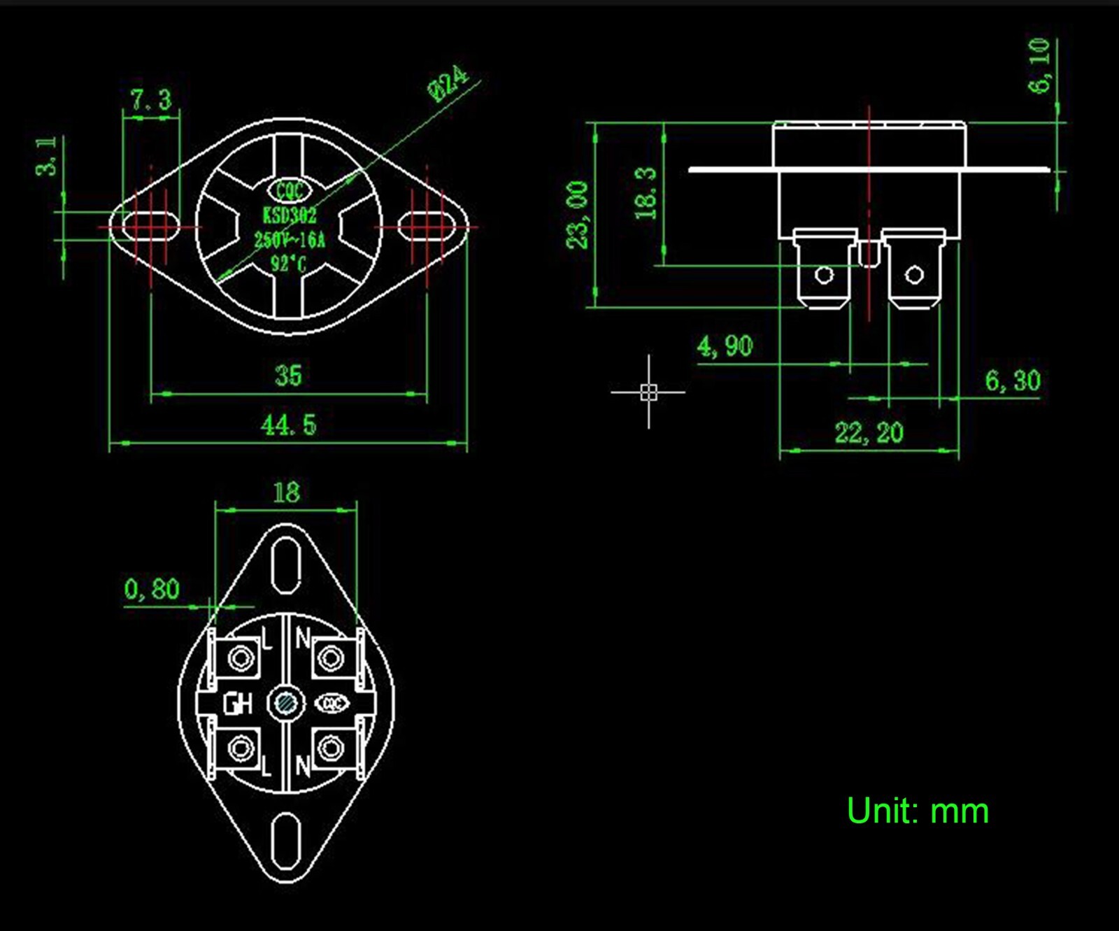 85°C /185°F Degree Celsius N.C Double Line Temperature Switch Thermostat KSD302X