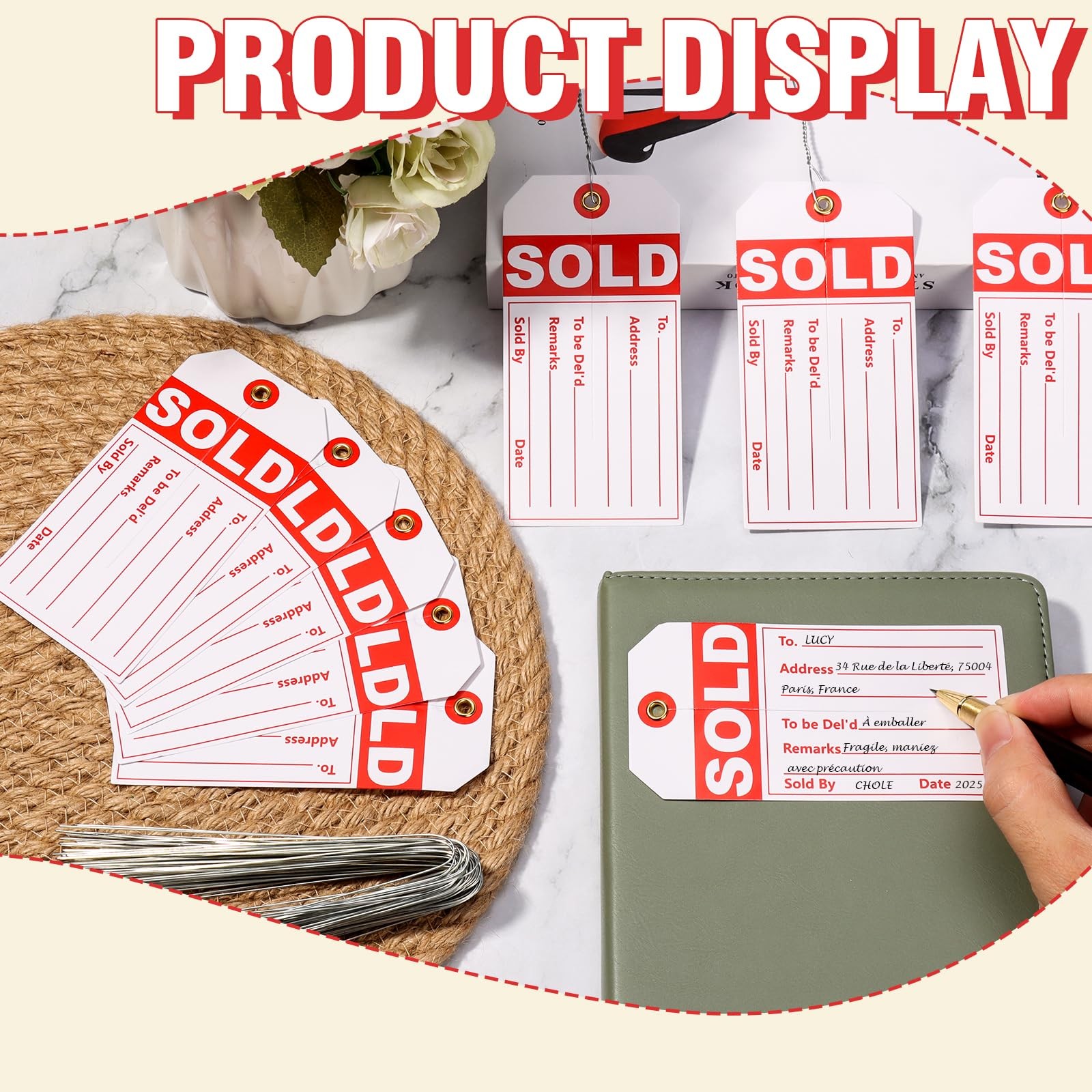200 PCS White Red Sale Sold Tags Center Slit Wire 5mm Hole 2 3/8 x 4 3/4 In
