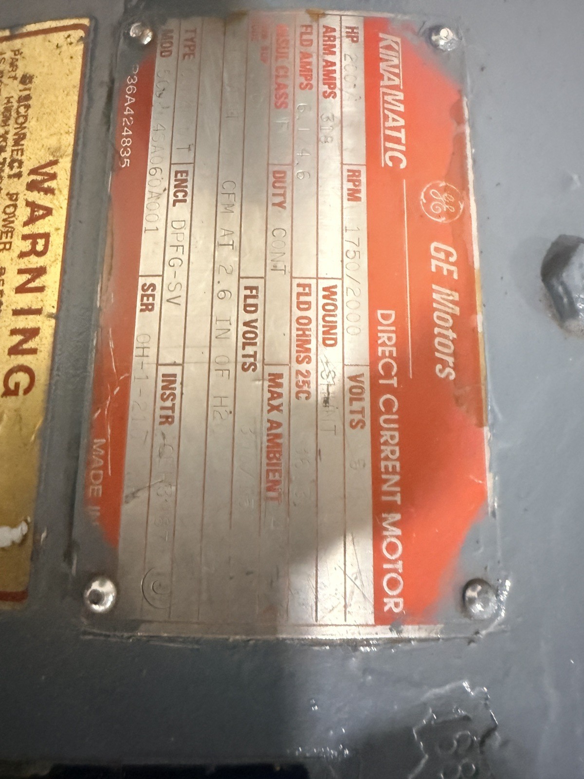 GE KINAMATIC Direct Current Motor 200 HP 500 Volts RPM 1750/2000 Type CDL409AT