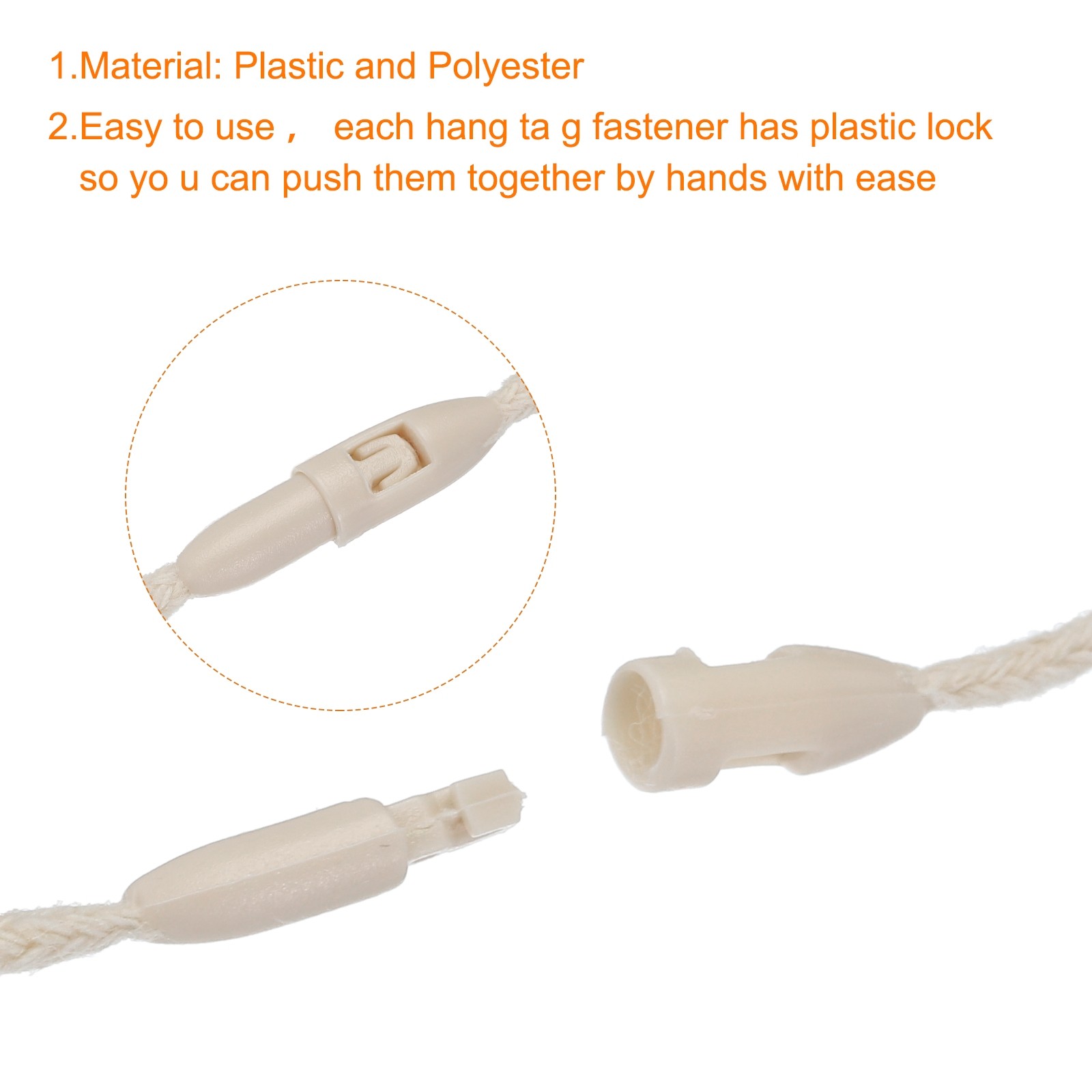 Polyester Rope Hang Tag String Snap Lock 190mm,1.5mm 100 Pcs,Beige
