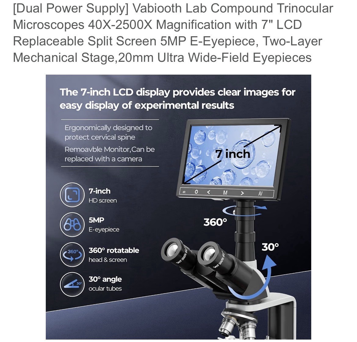 Vabiooth Trinocular Compound Upright Microscope 40X-2500X 7″ LCD 5MP