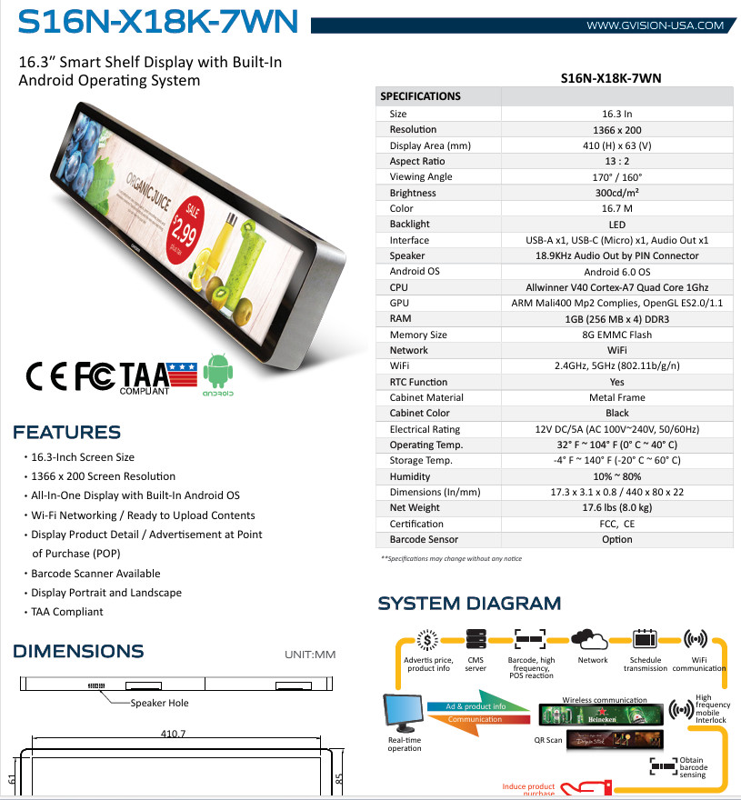 GVision 16.3in Smart Shelf LCD Display