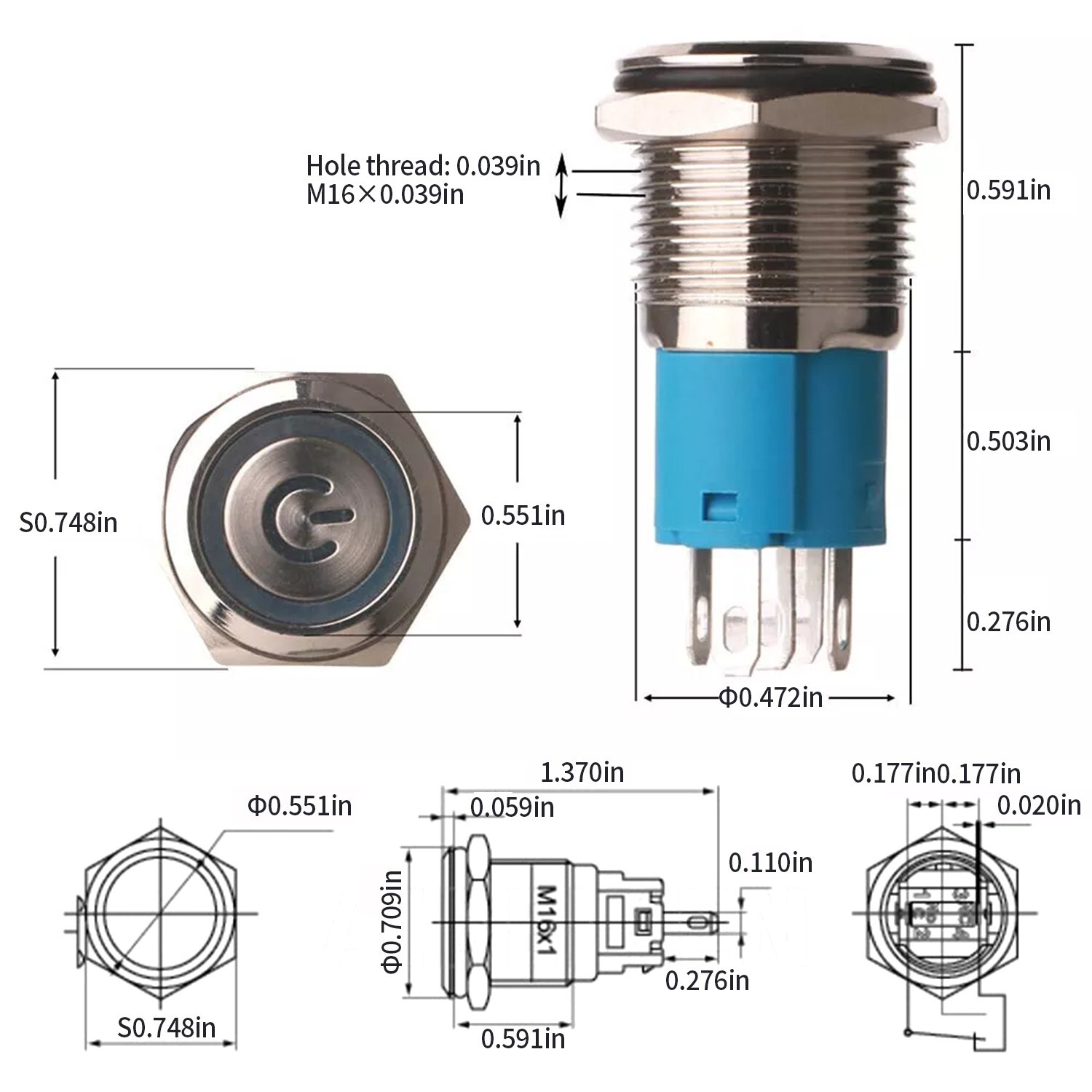 Latching Push Button Power Switch 16mm 12V LED ON OFF Waterproof Stainless Steel