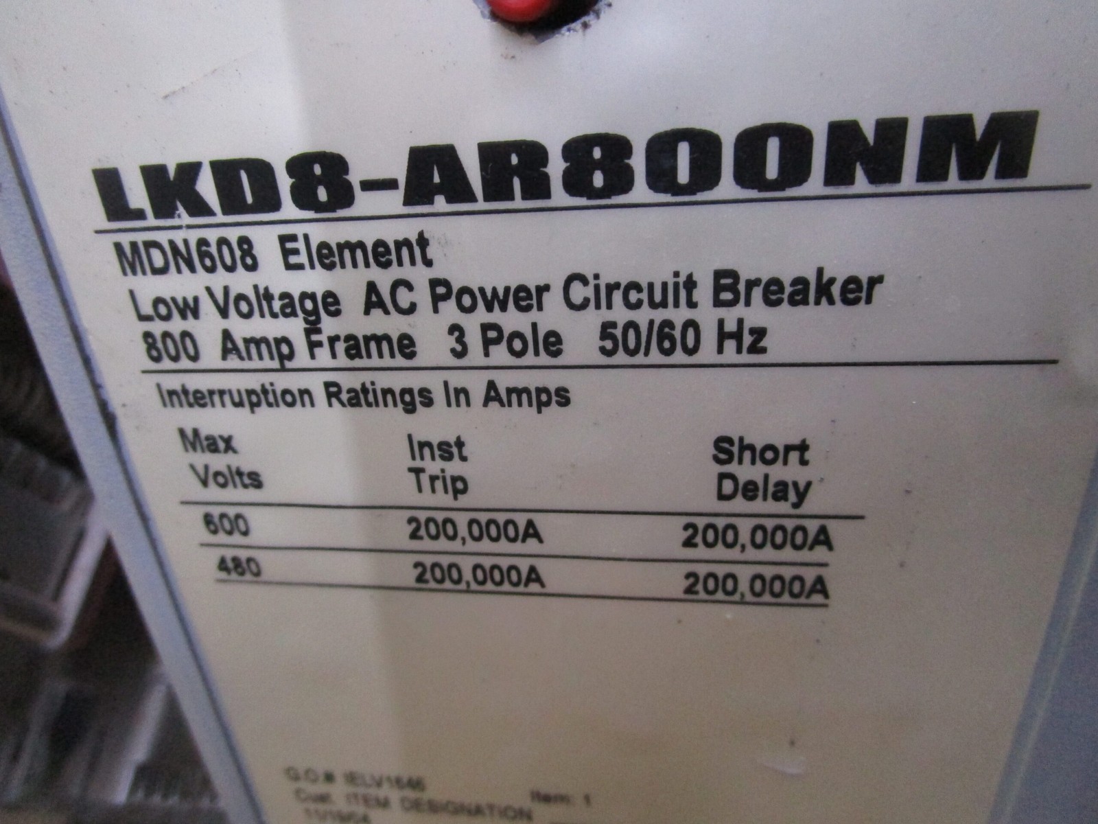 EATON MAGNUM DS AC POWER CIRCUIT BREAKER MDN608/MDR6083LEA 800A 600V 3P 1 Y WARR