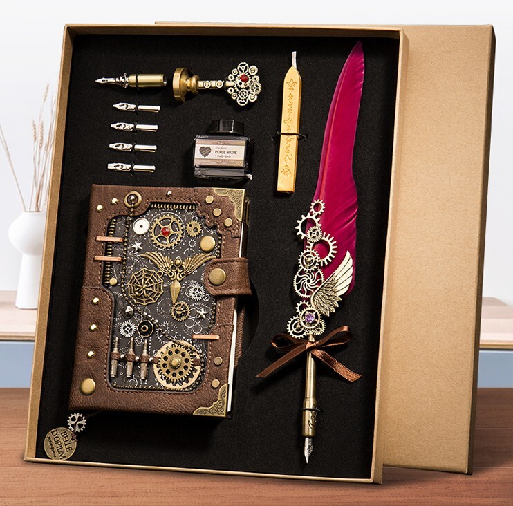 Handmade Steampunk Notebook Leather Journal with customized bookmark and stamp