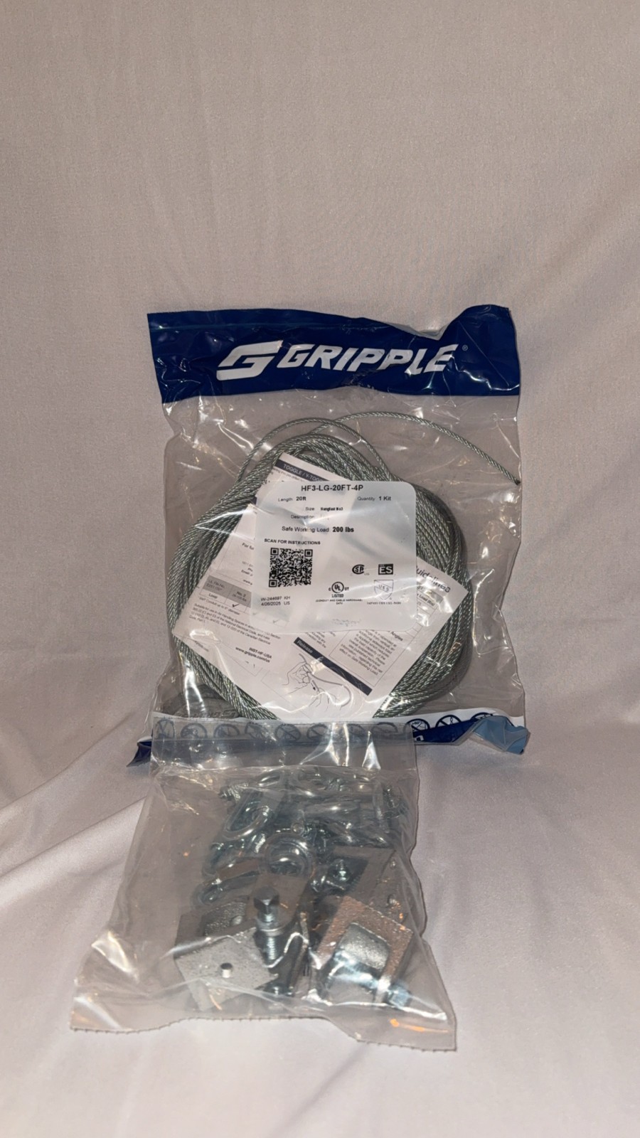 Gripple Wire Hanging Kit HF3-LG-20FT-4P 200 LBS With Clamped Loop, Hanging Parts