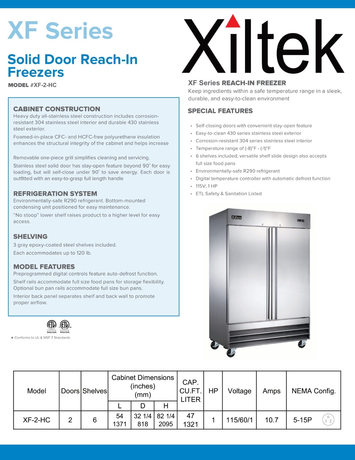 New Xiltek 54″ Commercial Freezer All Stainless Steel Reach In Two Section