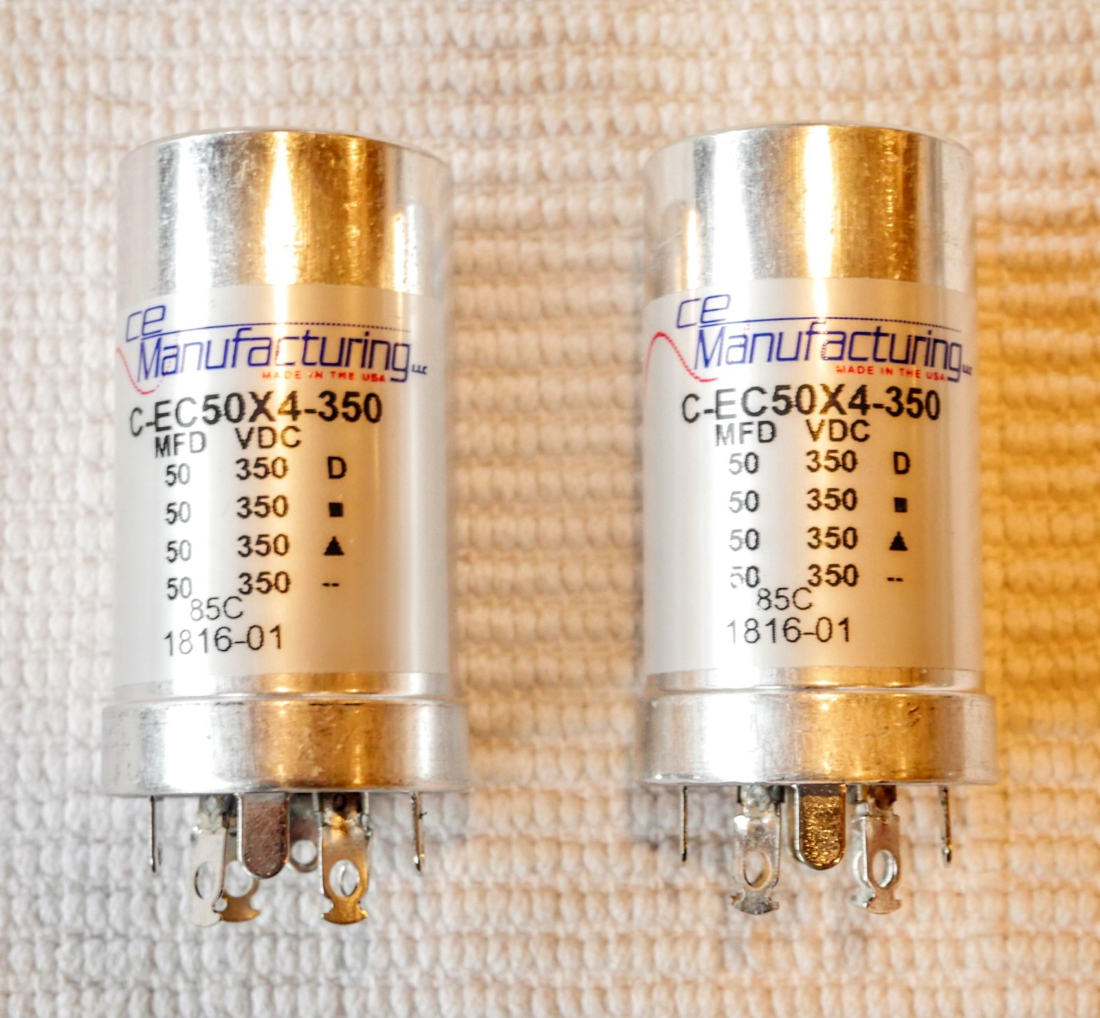 PAIR TWO Capacitor CE MFG CAN ELECTROLYTIC MALLORY 350V, 50-50-50-50 MFD USA