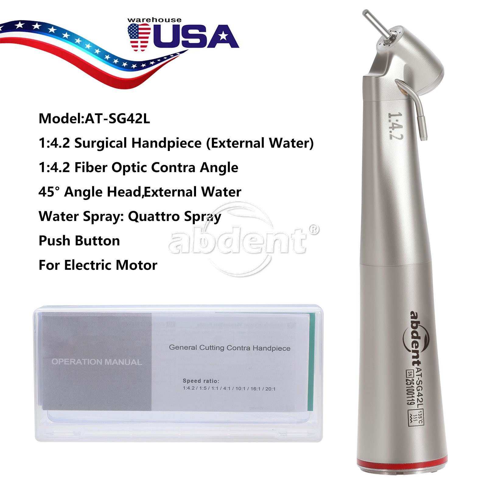 AbDent 1:4.2 45° LED Fiber Optic Contra Angle Handpiece External Water Spray