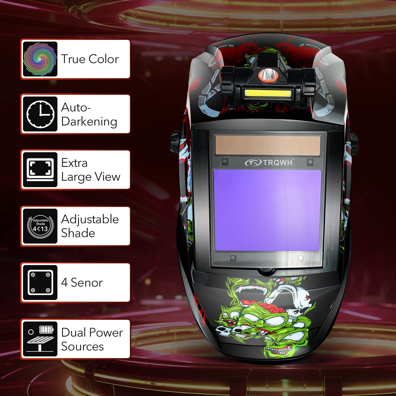 Solar Powered Welding Helmet with Large View, True Color & Auto Darkening Filter