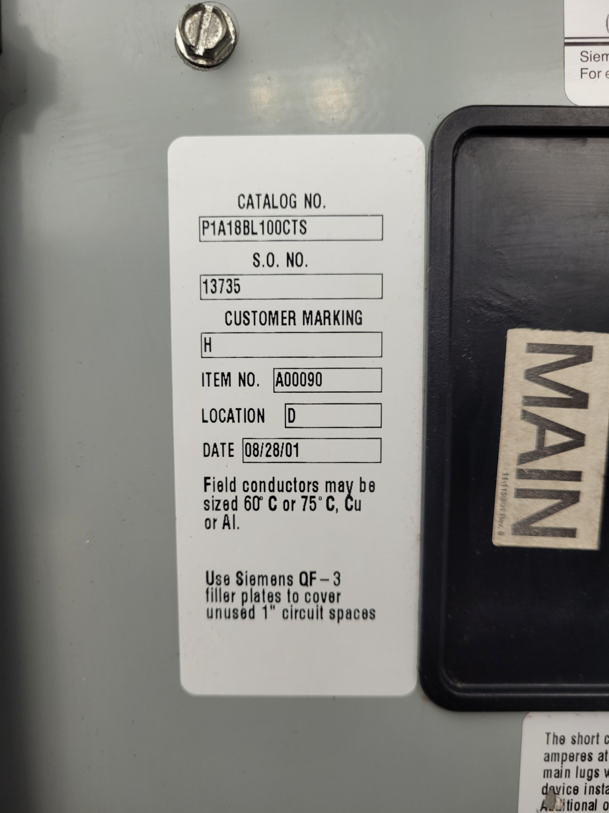 P1 Siemens 18 Circuit 125 Amp 120/240V 1 Phase Main Breaker Panel Interior