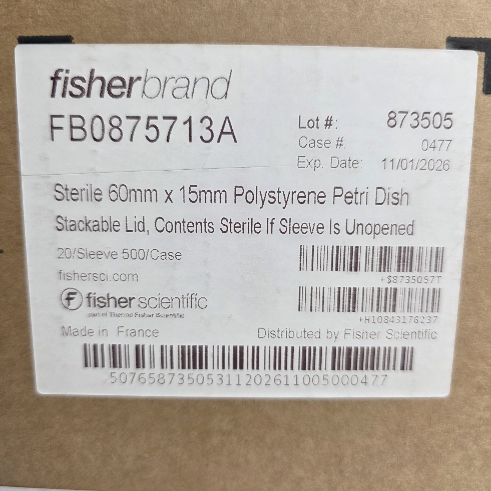FisherBrand FB0875713A Petri Dish 60mmx15mm 20/Sleeve 500/Case EXP: 11/01/2026