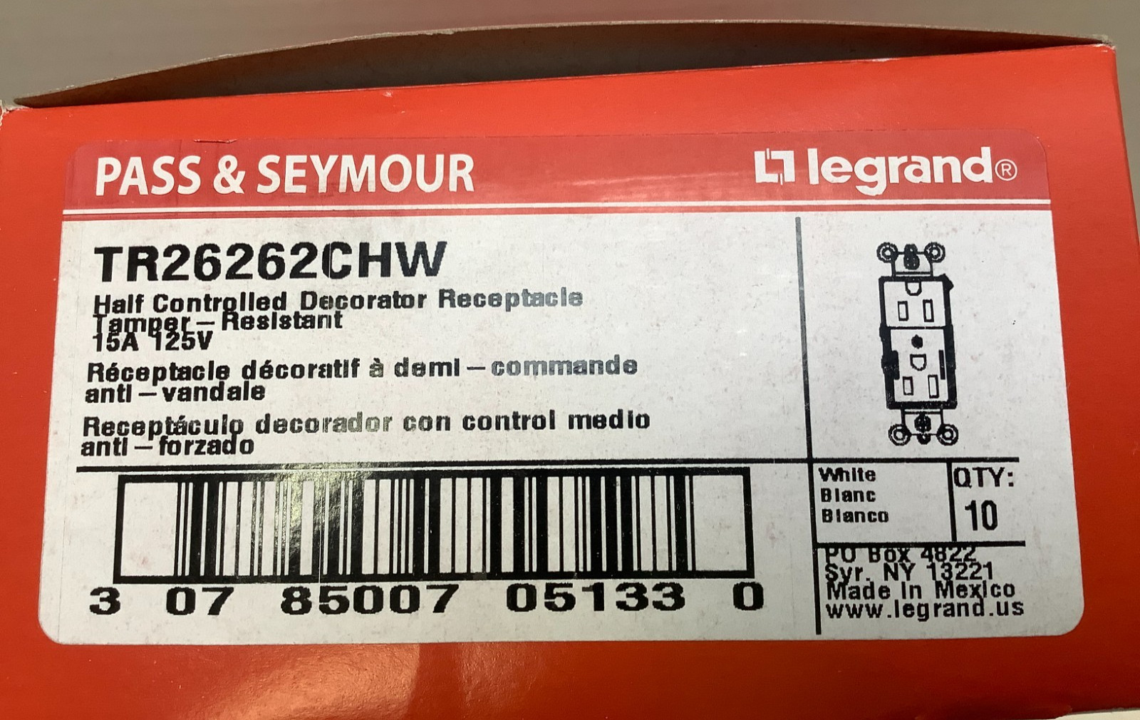Legrand TR26262CHW Half Controlled Decorator Receptacle, 15A, White, Case of 10