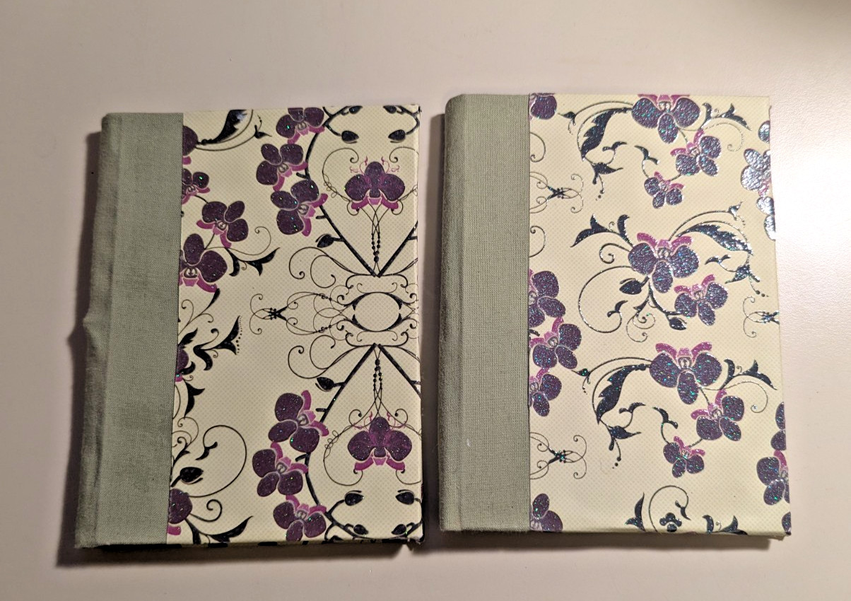 2 Handmade Green Purple Iris Shabby Skinny Journals 4.5″ by 5.5″