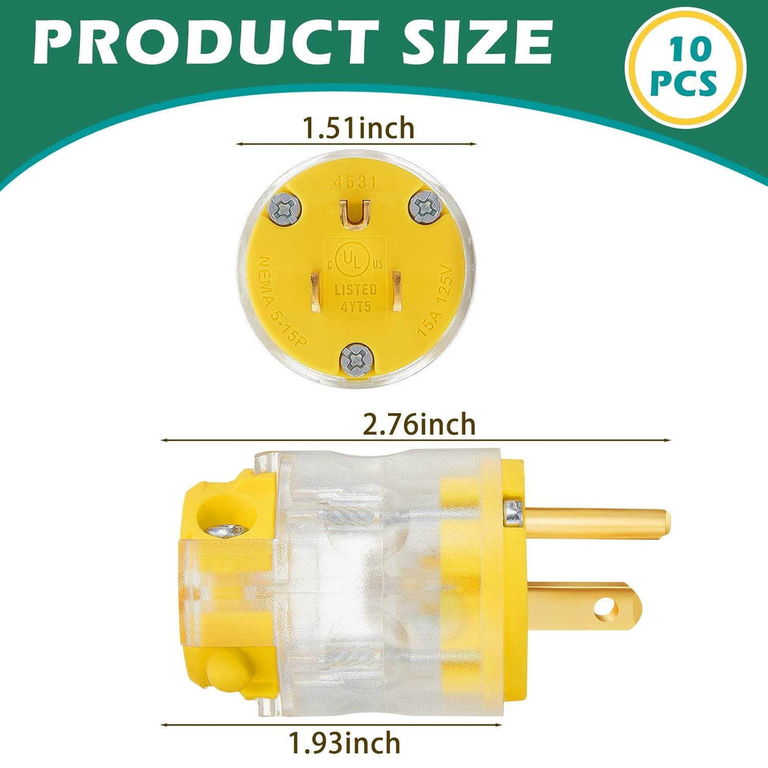 10 Pcs Lighted Grounding Straight Blade Electrical Plugs Connectors 15A 125V Nem