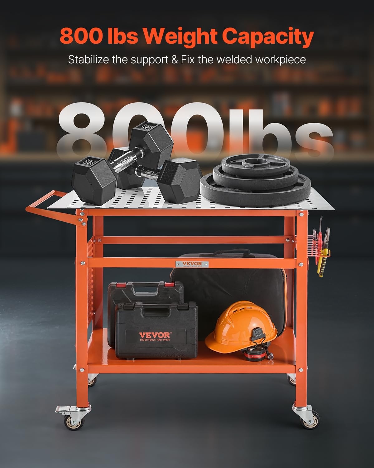 40X24 Orange Welding Workbench 800Lbs Capacity With Wheels And Storage Hooks
