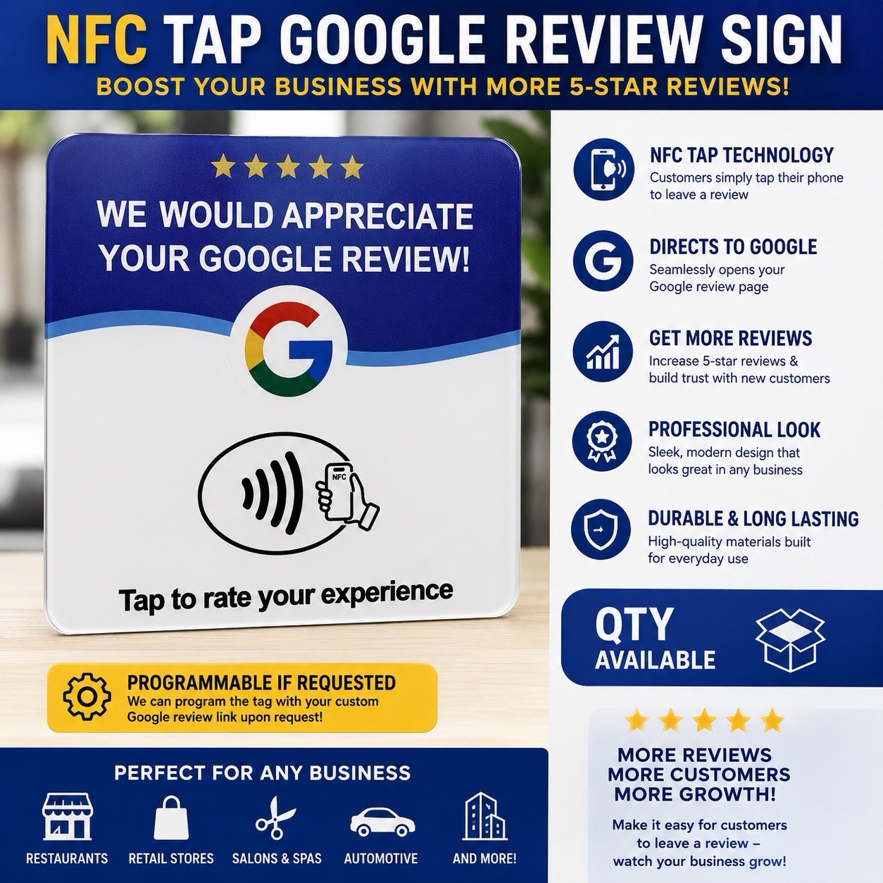 NFC Google Review Acrylic Plate Tap Scan White 4.72″ 3m Back QTY AVAILABLE