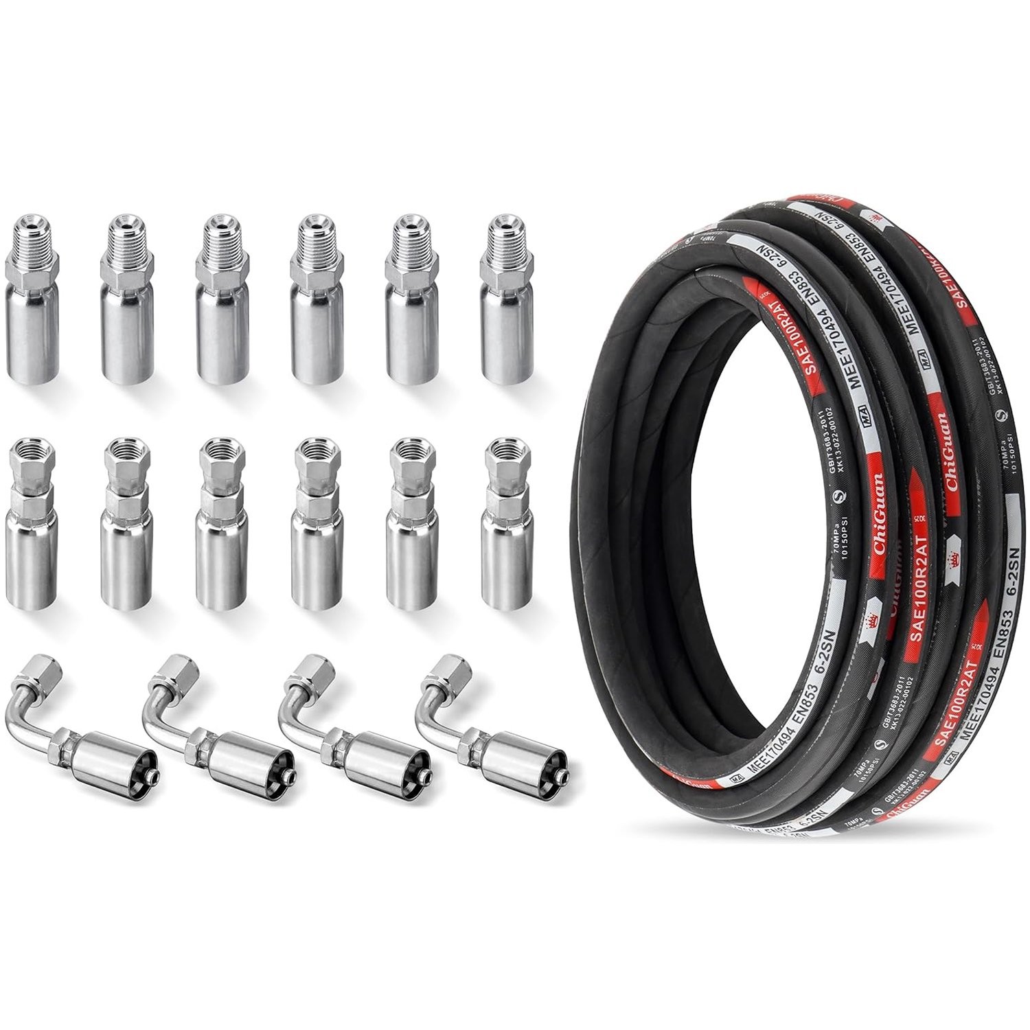HYDRAULIC HOSE 1/4″ 33′ TWO WIRE HOSE FLEXIBLE 70MPa/ 10150 PSI WITH 16 FITTINGS