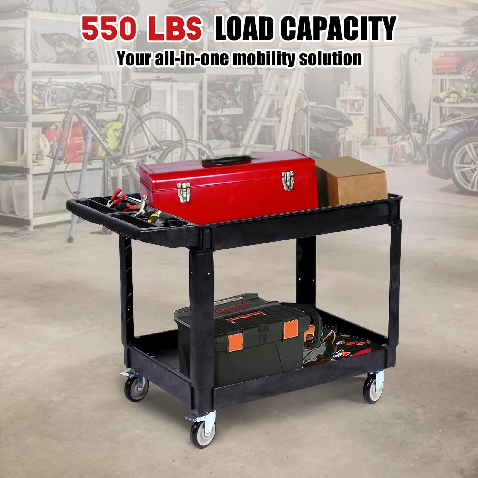Garvee|Utility Cart|550Lbs|2-Tier|Swivel Wheels|Brakes|Warehouse Garage Use