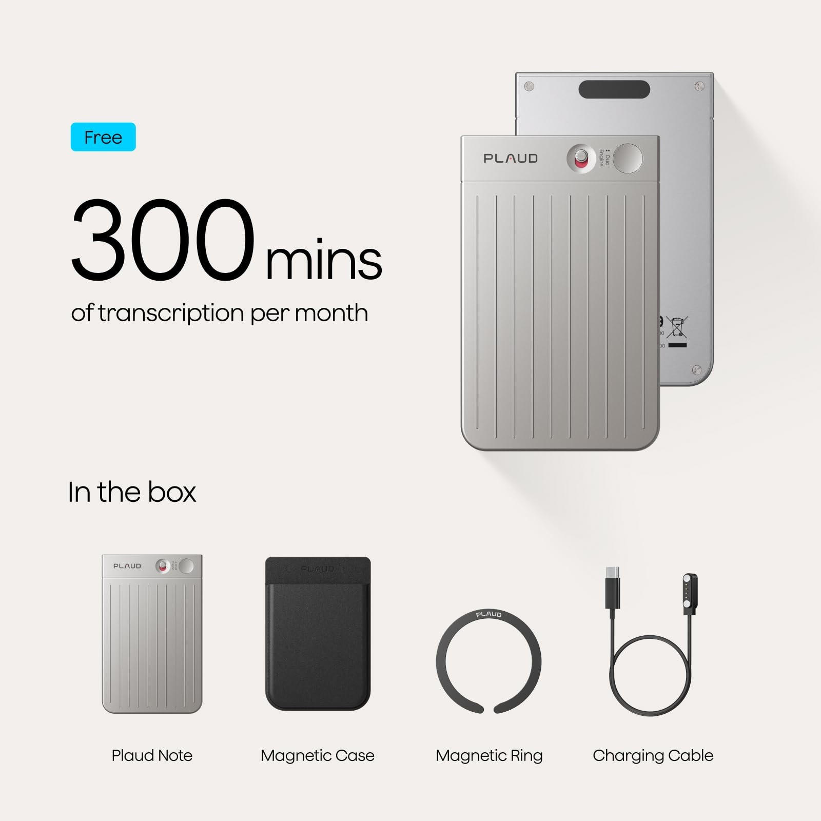 Note AI Voice Recorder Transcribe & Summarize, Silver, Non-Pro Version
