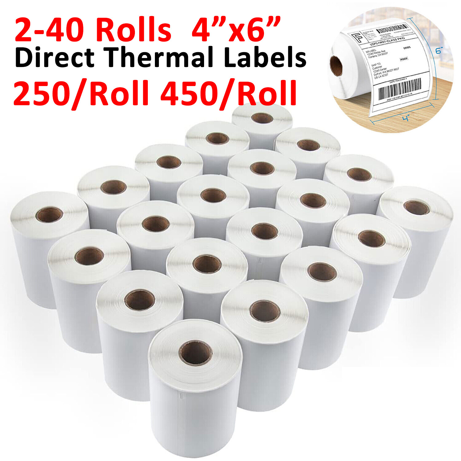 4″ x 6″ Direct Thermal Labels 250/Roll 450/Roll For Zebra & Eltron ZP450 LP2844
